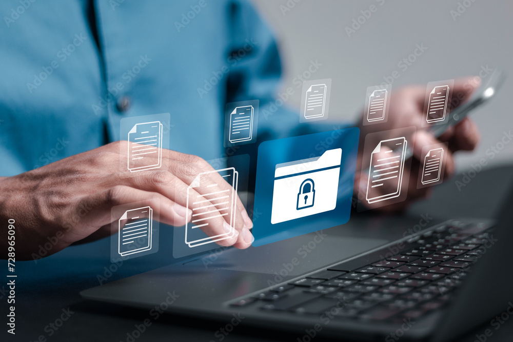 Poster corporate data management system concept. businessman use laptop with virtual screen of documents ic