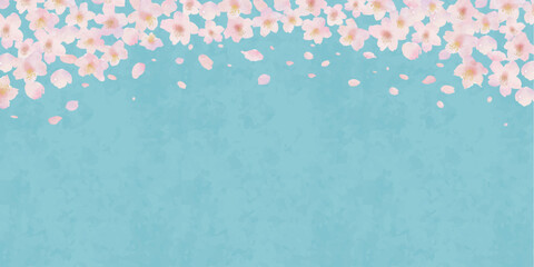 空と桜と桜の花びらの水彩画イラスト背景