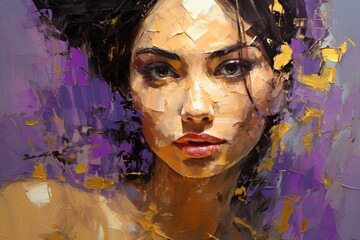 A purple and golden color portrait painting of a woman