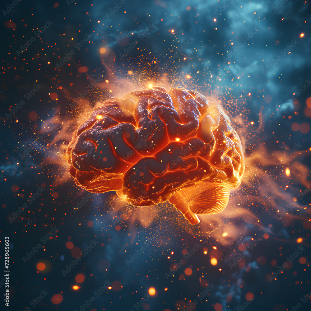 Poster concept art of a human brain exploding with knowledge and creativity