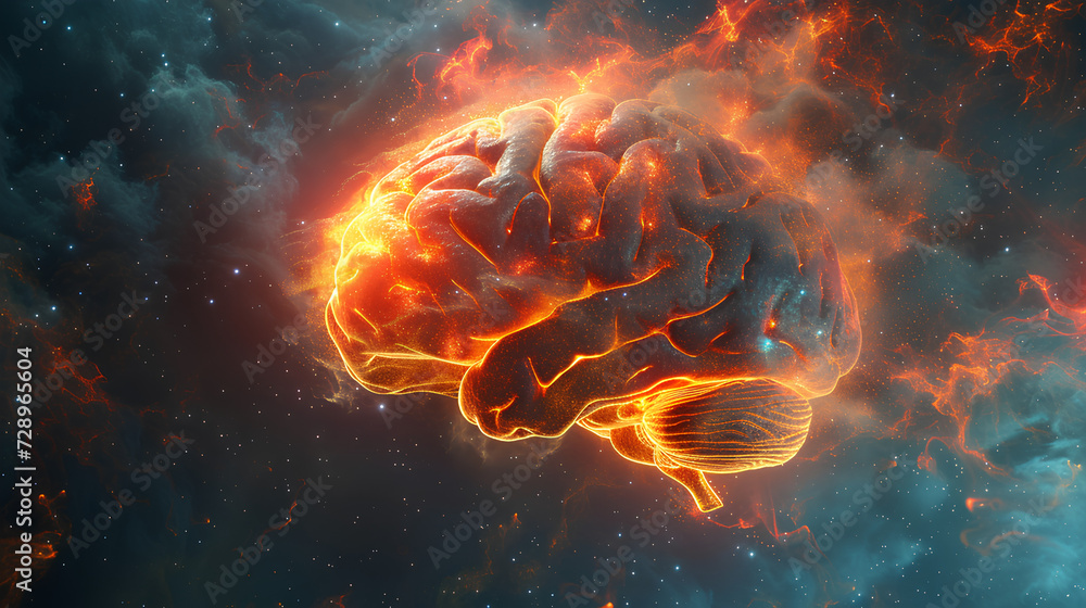 Poster concept art of a human brain exploding with knowledge and creativity