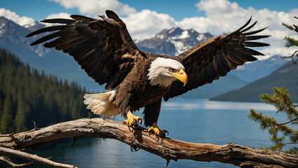 Majestic descent of a bald eagle as it gracefully lands on a sturdy branch overlooking a pristine mountain lake and the intensity of the moment and the keen focus in its piercing eyes