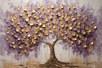 A purple and golden color painting of tree of life
