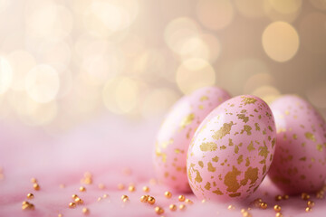 Fototapeta na wymiar Easter eggs with pastel pink and gold design on glowing background