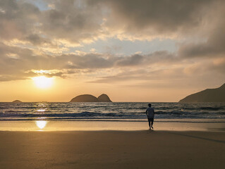 A tranquil and serene scene of a beach at sunset. A person is standing alone on the sandy shore, gazing towards the sea.