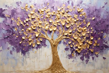 A purple and golden color painting of tree of life