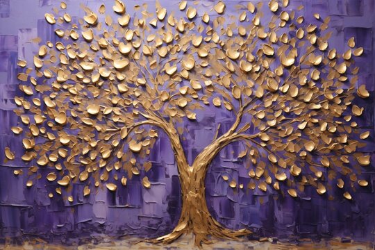 A purple and golden color painting of tree of life