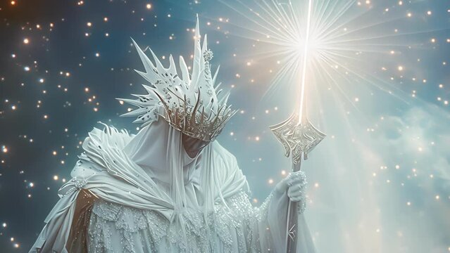 A divine guardian dd in celestial white robes and wearing a crown of stars with a sword of justice at their side.
