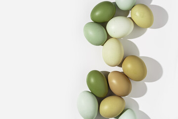 Easter eggs frame background, natural colored eggshell, hard Shadow at sunlight, light white...