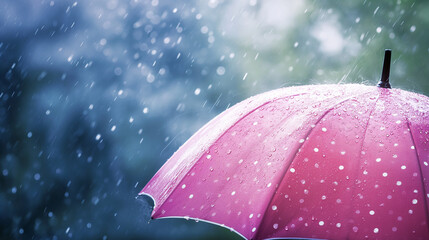 pink with white dots umbrella in the rain. generative AI