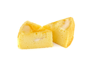 Chiffon cake with coconut on a white background