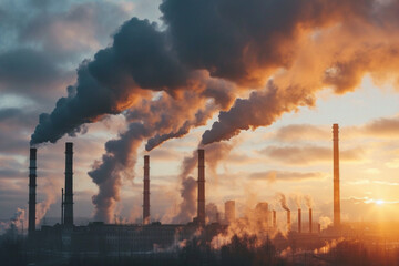 Industrial plant with smoking chimneys on a background of blue sky. Carbon trading & climate change concept - obrazy, fototapety, plakaty