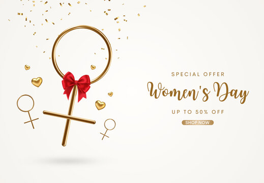 Elegant 8 March banner with gold female symbol and red bow. Vector illustration. Happy Women’s Day.