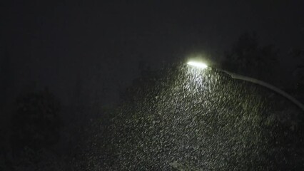 Tokyo, Japan - February 5, 2023: Falling snow illuminated with street light in Tokyo,  Japan