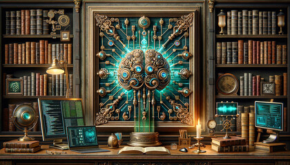 Neo-Nostalgic AI: Vintage elegance meets futuristic technology in a richly detailed image.