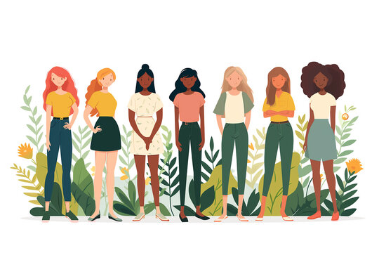 Flat design picture of young multiracial women standing together