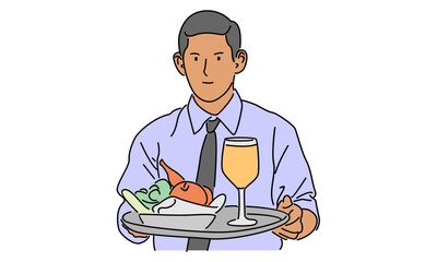 line art color of waiter holding a serving tray vector illustration
