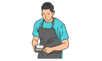 line art color of barista holding cup of coffee vector illustration