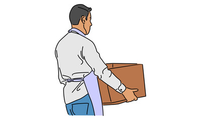 line art color of delivery man with carton box packages vector illustration