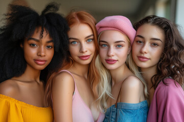 Portrait of young multiracial women standing together and smiling happy.