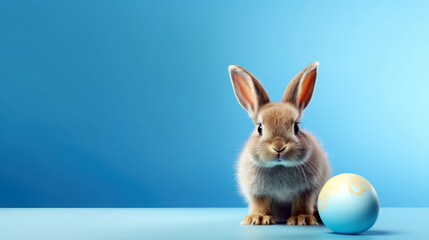 Easter Bunny Delights: Adorable Rabbit with Blue Painted Egg, Plenty of Copy Space