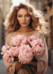 fashion girl with big bouquet of pink peonies flowers on the street