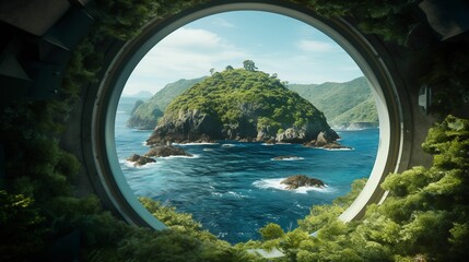 view of the ocean and small forested island seen through the round portal of a ship. generative ai