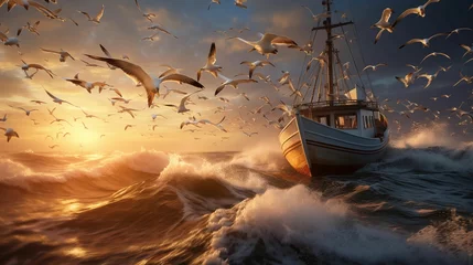Foto op Canvas The fishing boat returns with many seagulls looking for food. generative ai © KBL Sungkid
