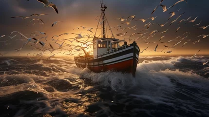 Draagtas The fishing boat returns with many seagulls looking for food. generative ai © KBL Sungkid
