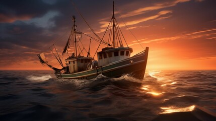 trawl fishing boat sailing in open waters, with a twilight background. generative ai