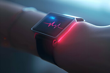 illustration wearable device on a wrist, displaying real-time heart rate monitoring and alerts for irregular heartbeat.