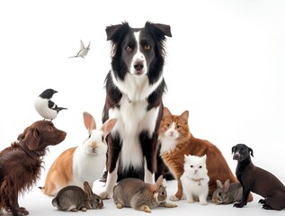 Obraz premium Group of pets posing around a border collie: dog, cat, ferret, rabbit, bird, fish, rodent