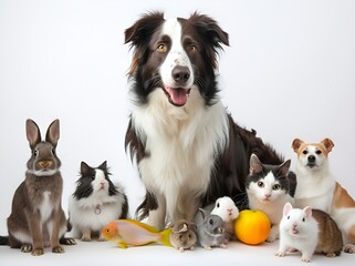 Group of pets posing around a border collie: dog, cat, ferret, rabbit, bird, fish, rodent