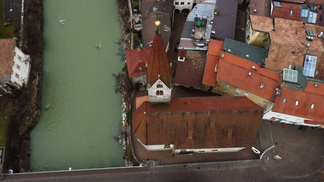 Top View over the Chiusa Old Town Church and the River, South Tyrol, Italy