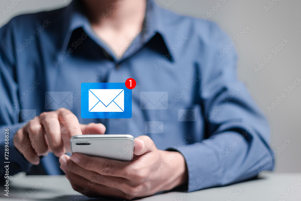 Poster email marketing concept. person use smartphone with virtual email notification alert. direct selling