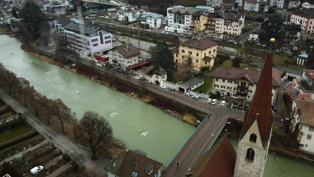 Orbital View over the Church Tower of Chiusa Klausen Town, South Tyrol, Bolzano, Italy