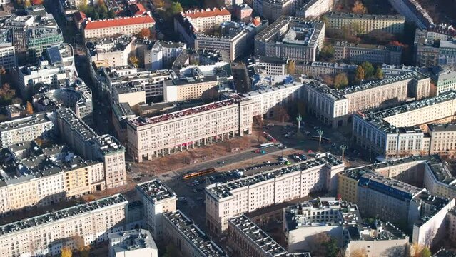 Tight aerial shot of Constitution square Warsaw