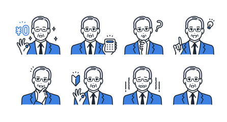 スーツを着たシニア男性の表情アイコンイラストセット素材