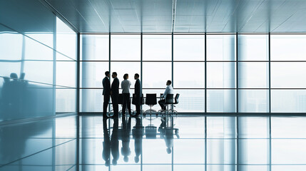 Business professionals walking through a bustling airport terminal with a backdrop of city architecture, reflecting teamwork and travel in a dynamic office environment.