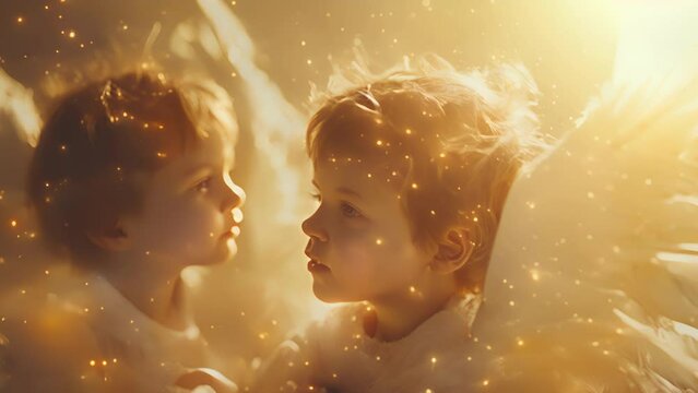 A pair of winged children hovering ast the stars their innocent expressions filled with awe and amazement.