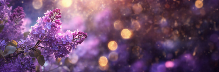 Lilac flowers spring blossom, sunny day light bokeh background