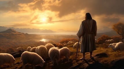 Bright sunlight shines on shepherd Jesus Christ leading sheep and praying to God in a field 
