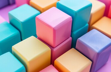 many colorful cubes stacked on top of each other, pastel colors