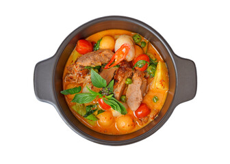 Thai red curry with roasted duck(Kaeng phed phed yang)on white background,Top view