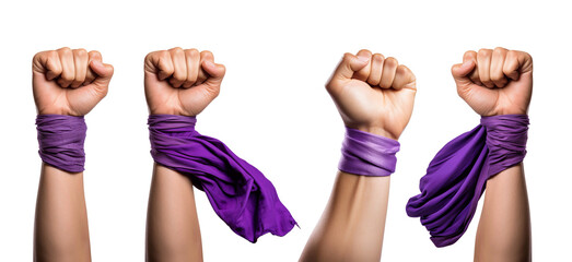 set of women's fists png isolated on a transparent or white background, feminist protest fist rised with a purple rag tied on the wrist - obrazy, fototapety, plakaty