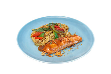 Delicious grilled salmon fillet steak serve with spagetti.Thai food fusion style