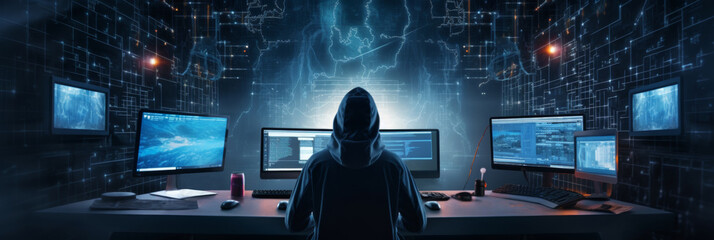 Anonymous hacker man with hoodie, working with computer on the desk surrounded by blue glowing data network. Cybersecurity, cyberattack, cybercrime concept banner. Generative AI.
