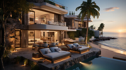 Fototapeta premium Evening outdoor view of a luxury home