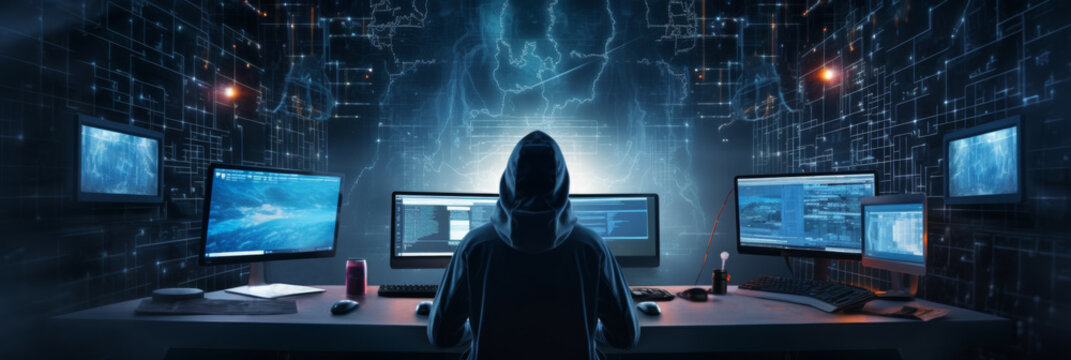 Anonymous hacker programmer man with hoodie working backwards typing on computer keyboard surrounded by blue glowing data network. Cybersecurity, cyberattack, cybercrime concept banner with copyspace.