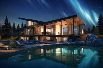 A resort  with glass walls in the arctic with northern lights in the backdrop